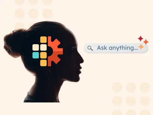 Silhouette of a woman's head with gears inside the brain. A search bar says, 
