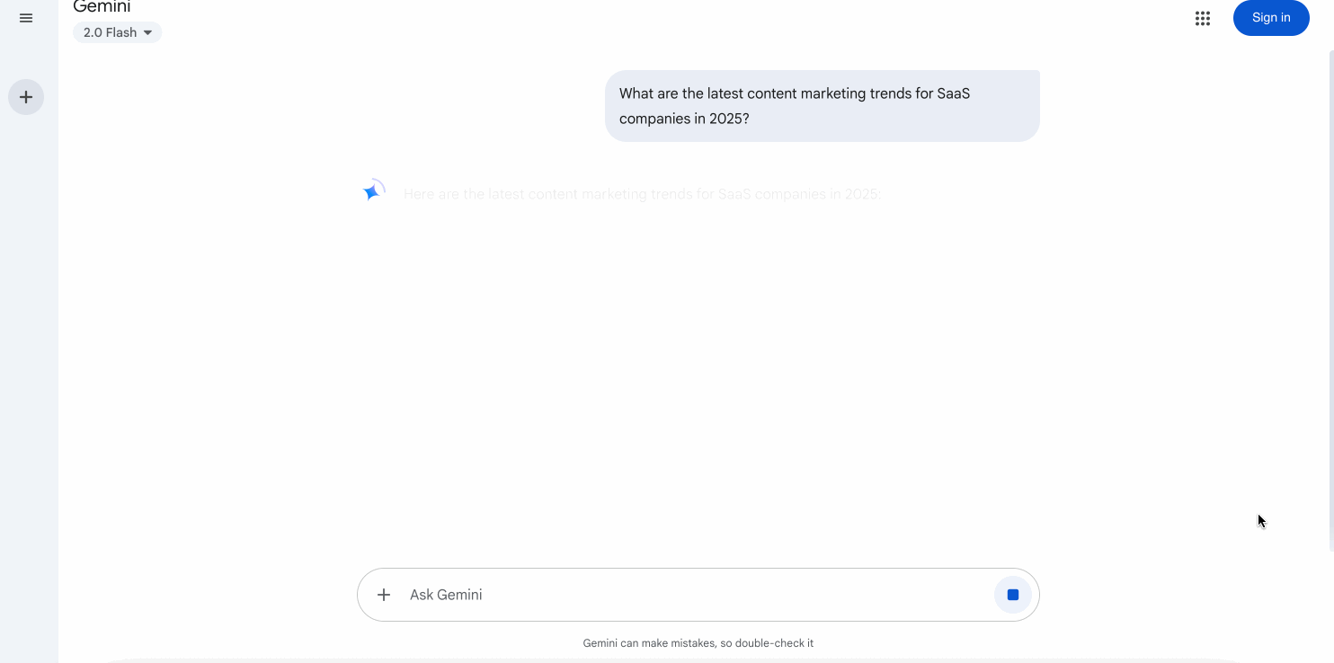gif of geminis search results for the query, what are the latest content marketing trends for saas companies in 2025?https://gemini.google.com/