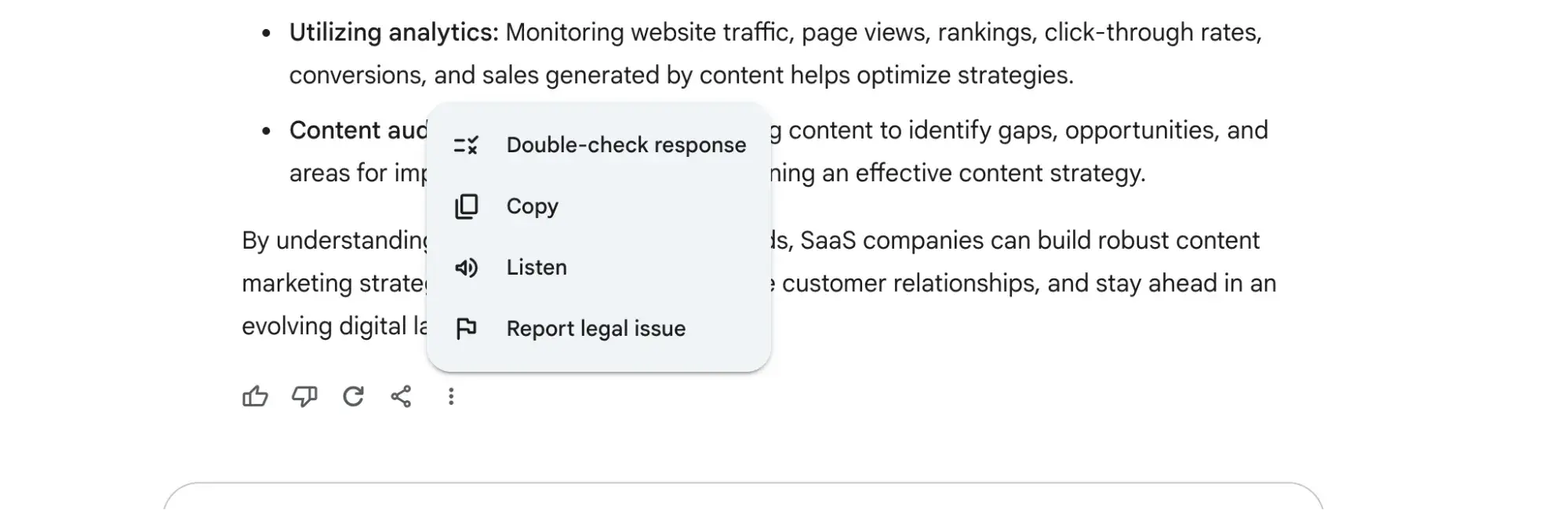 screenshot of geminis double-check response feature, which can be found by clicking on the vertical ellipsis under the search results. https://gemini.google.com/