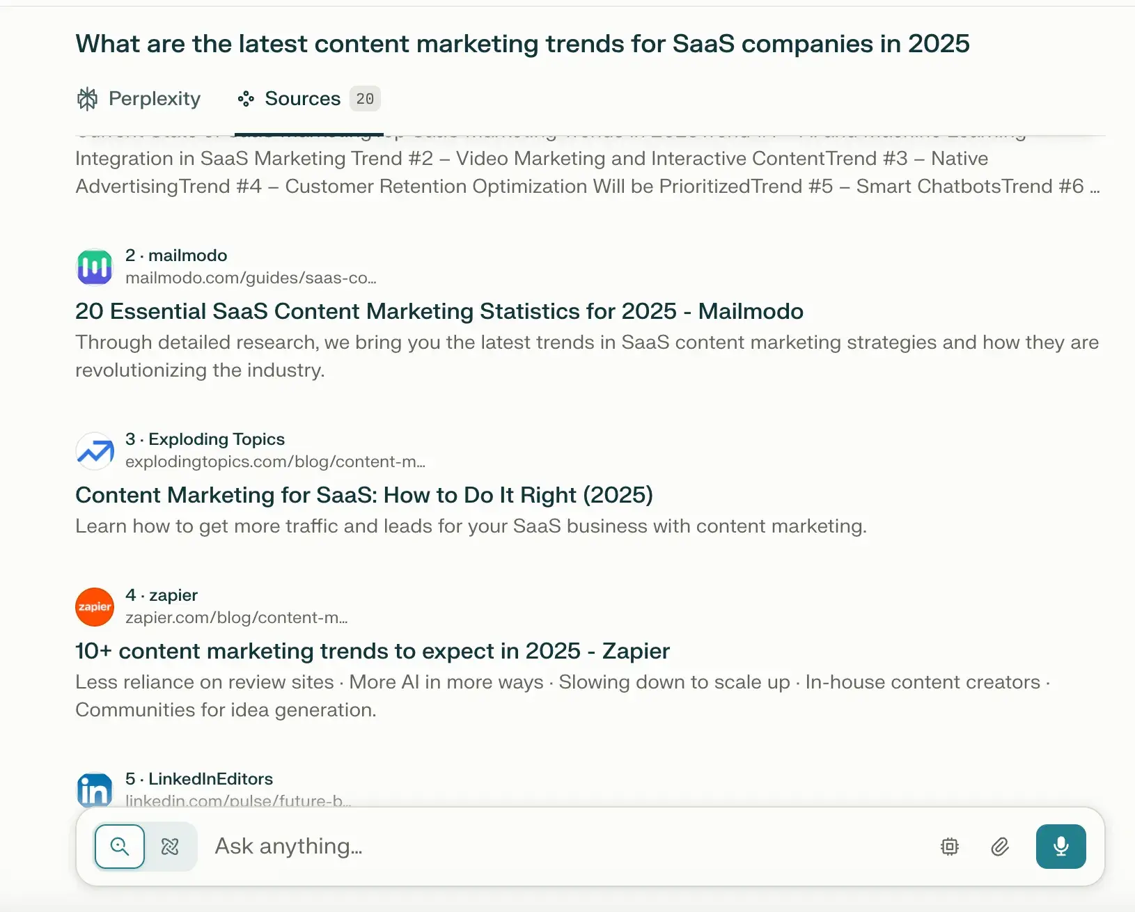 screenshot of perplexitys sources tab, which lists all its citations in one place.https://www.perplexity.ai/