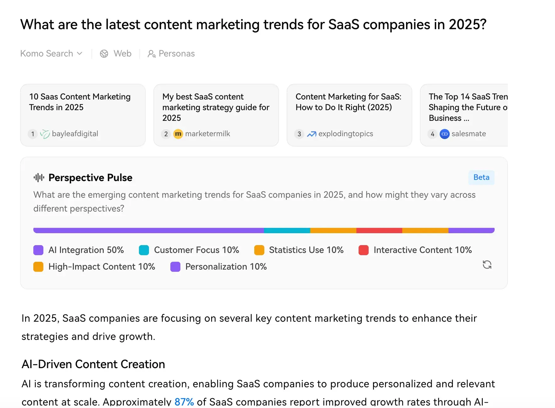 screenshot of komos search engine results page, featuring a perspective pulse that color-codes a line graph according to trend. ai integration 50%, customer focus 10%, statistics use 10%, interactive content 10%, high-impact content 10%, personalization 10%.