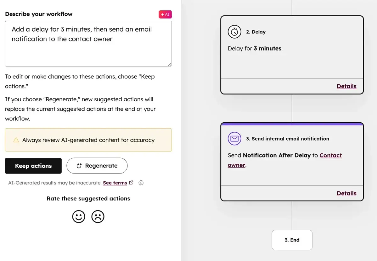 Advantages of spreadsheets for sales, An example of HubSpot��s AI CRM workflow for sales teams.