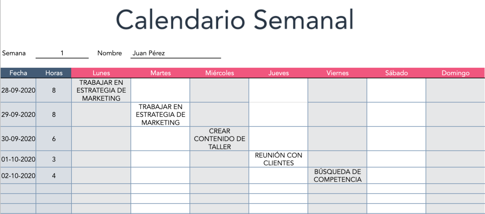 Ejemplo de asignación de tareas en un calendario semanal