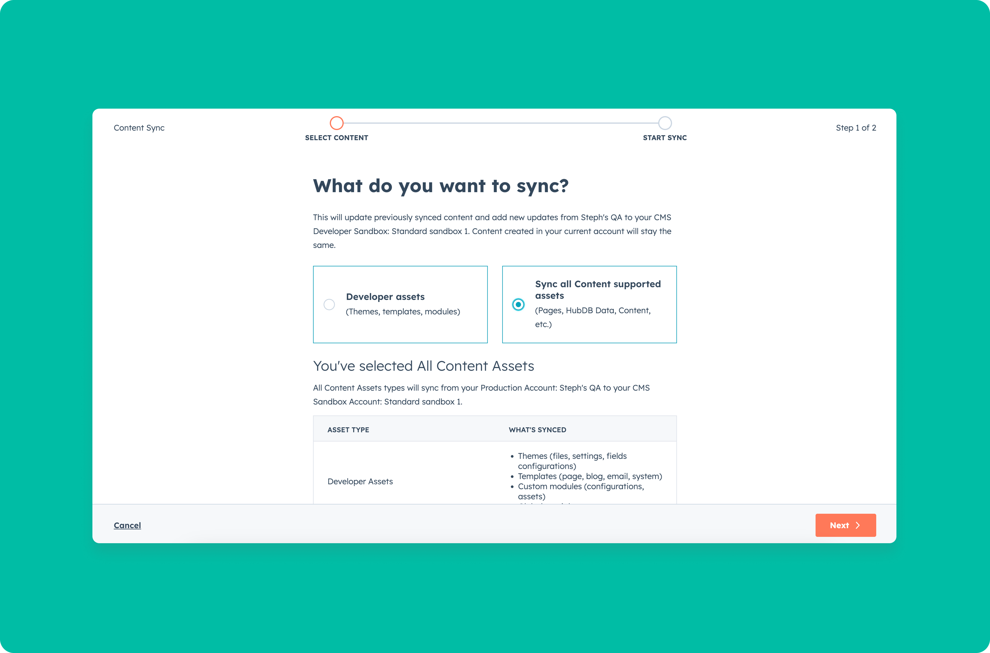 a wizard for syncing content from a production account to your sandbox.