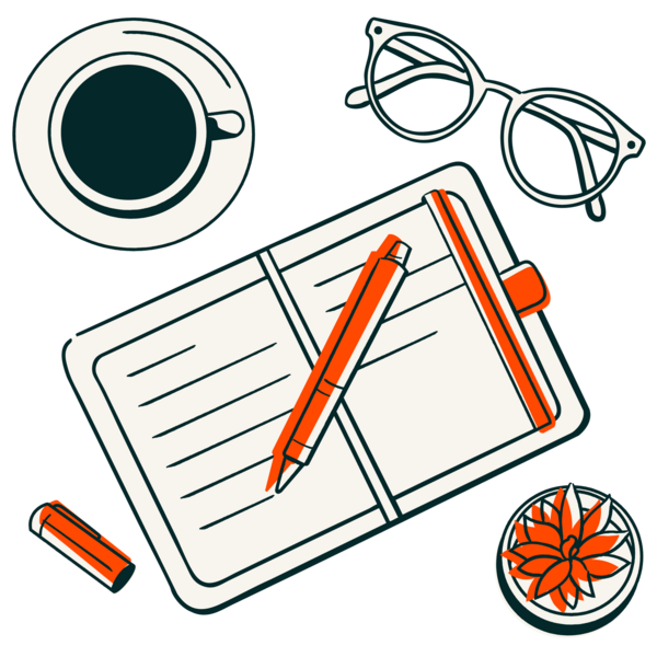 A notebook sits open alongside a coffee cup, a pair of glasses, and a potted succulent plant.