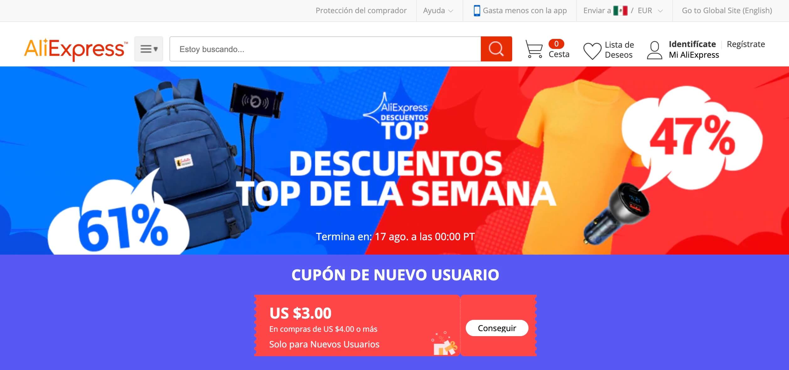 Ejemplo de cupón a usuarios nuevos de AliExpress