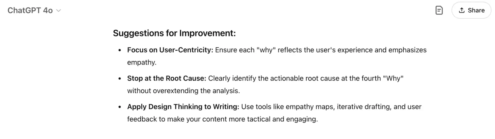 output from chatgpt: suggestions for improvement: focus on user-centricity, stop at the root cause, apply design thinking to writing.
