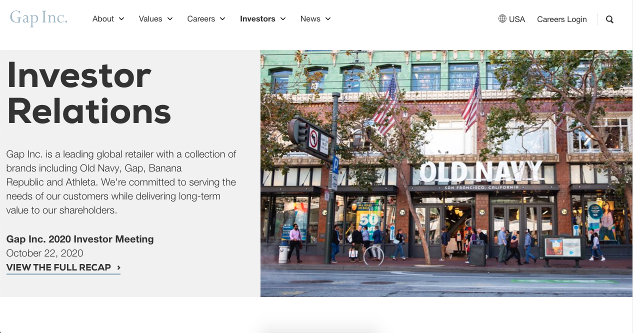 Ejemplo de argumento de venta de Gap Inc. en su sitio web