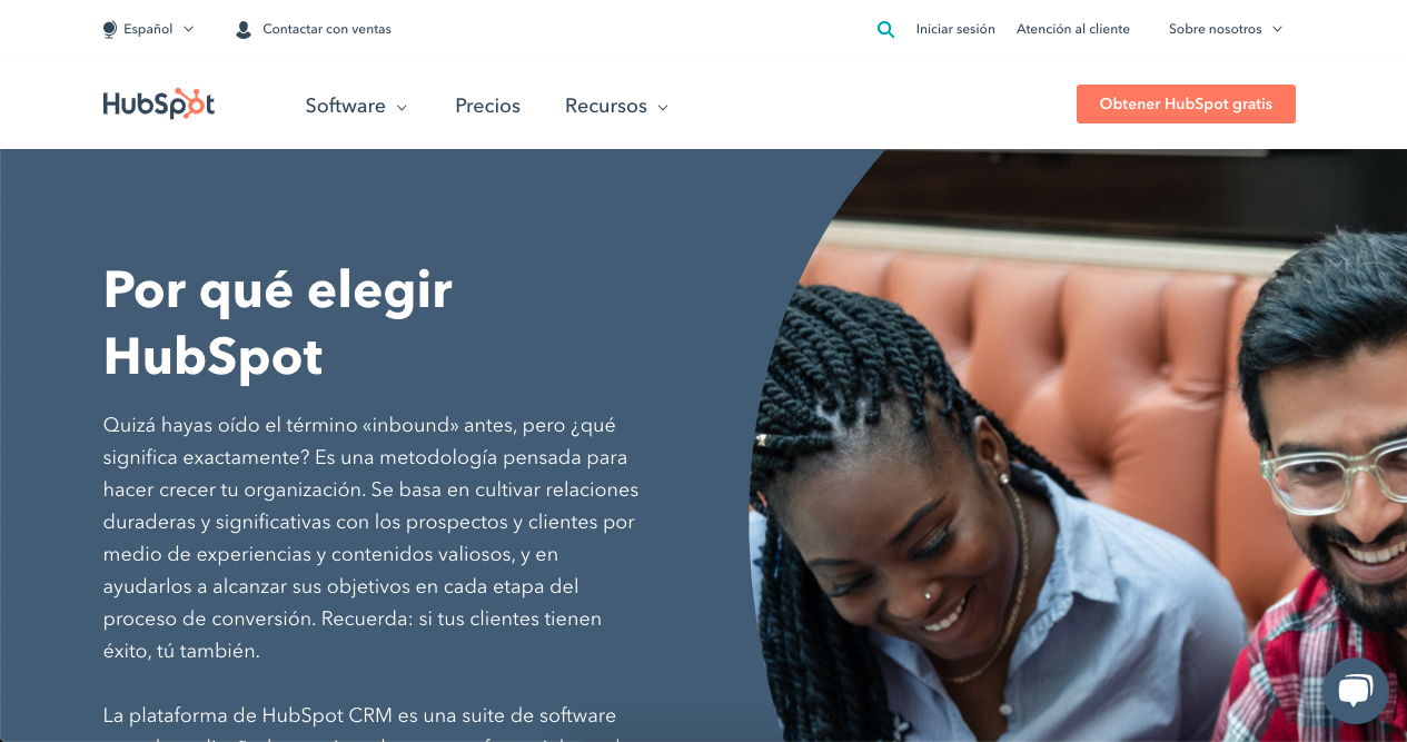 Ejemplo de presentación del producto por parte del CRM HubSpot en su sitio web