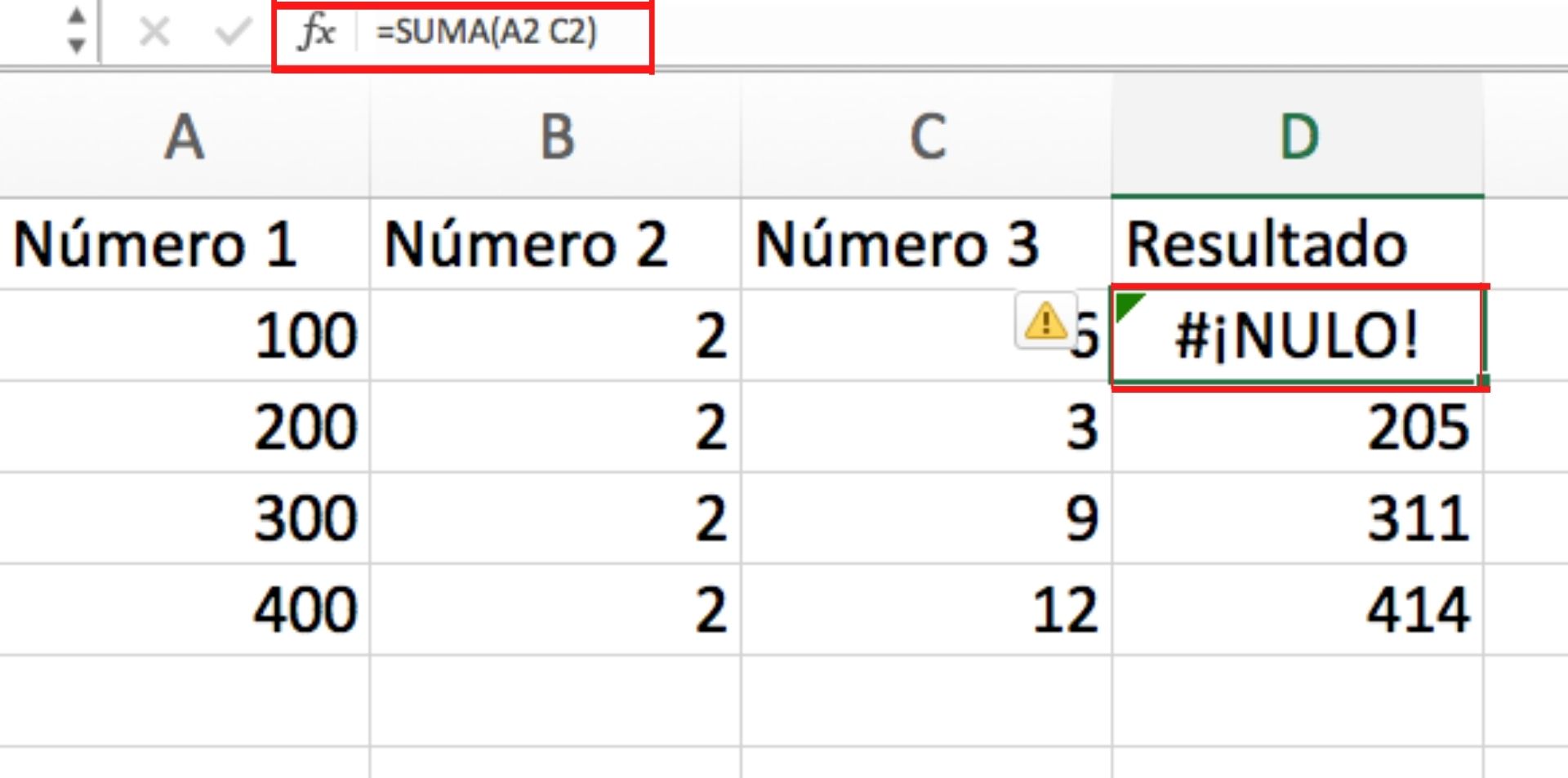 Ejemplo de error #¡NULO! en Excel