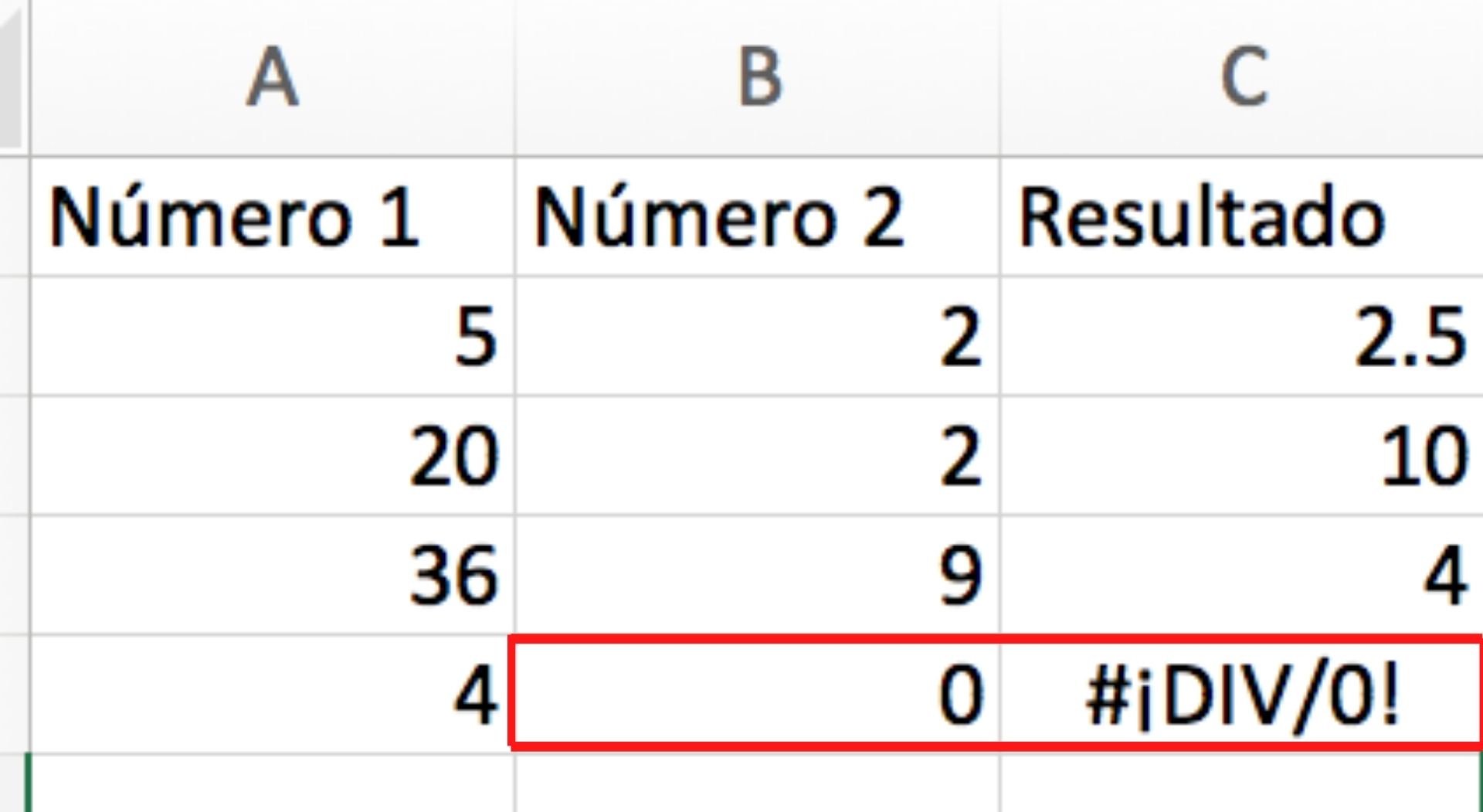 Ejemplo de error #¡DIV/0! en Excel