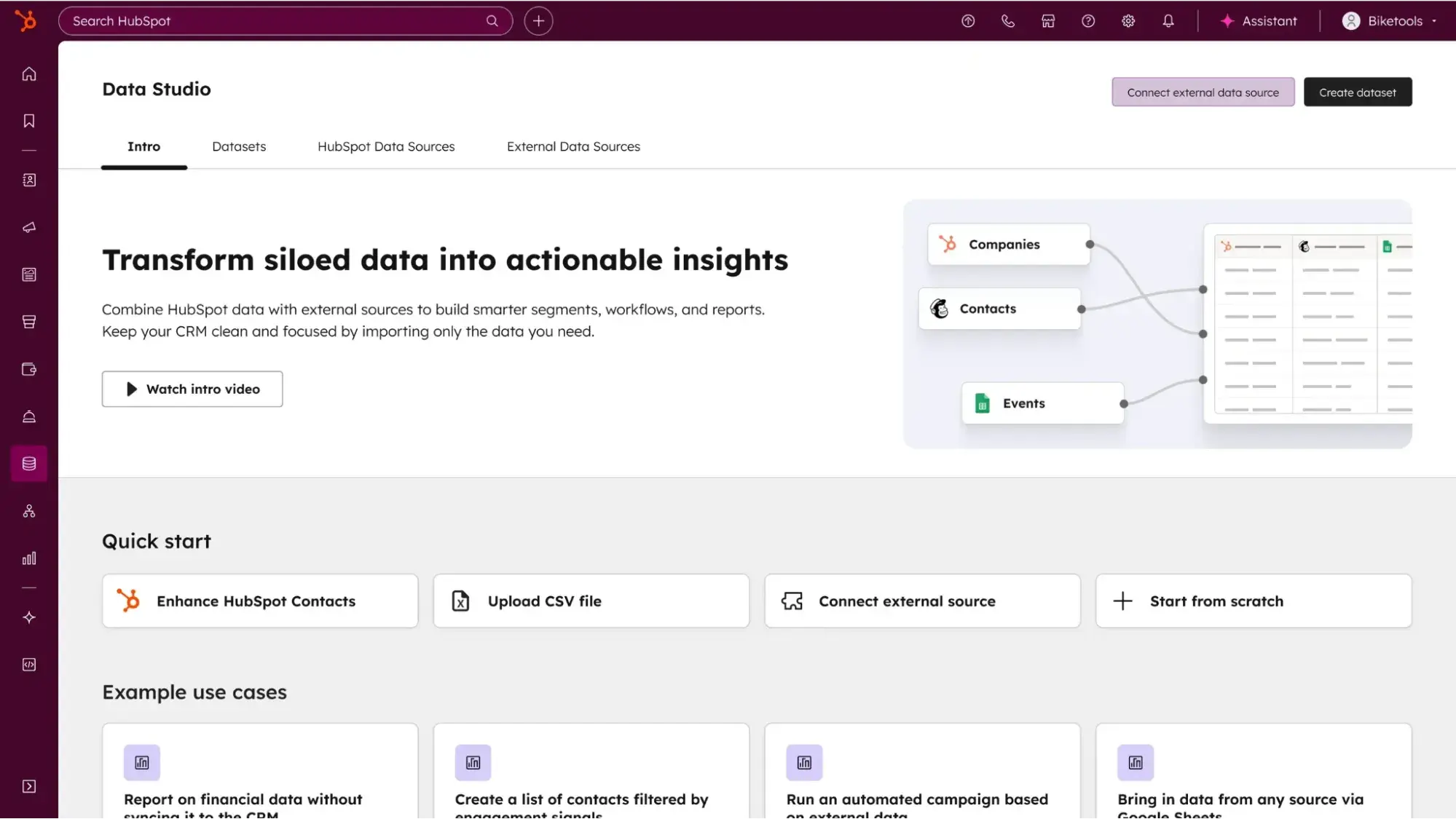 revops tools HubSpot Data Studio interface showing data sources including Companies, Contacts, and Events with integration options