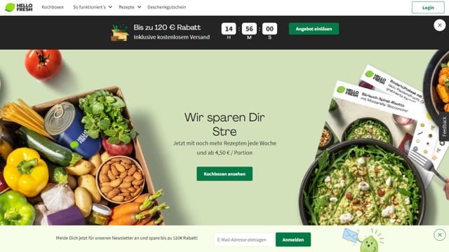 HelloFresh verwendet gleich mehrere Call-to-Action-Buttons auf einer Seite.