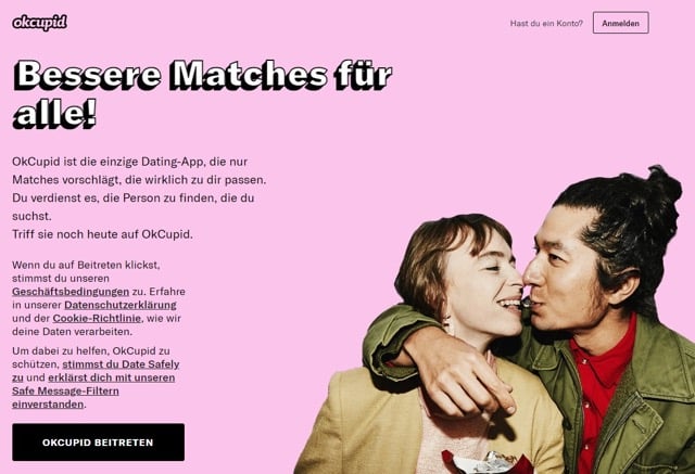 Der Call-to-Action von OKCupid überzeugt hauptsächlich mit seinem zentral platzierten Slogan.