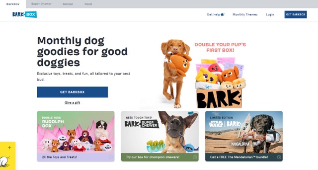Die beiden Calls-to-Action auf der Homepage von Barkbox zeigen, dass das Unternehmen seine Kunden und Kundinnen ganz genau kennt.