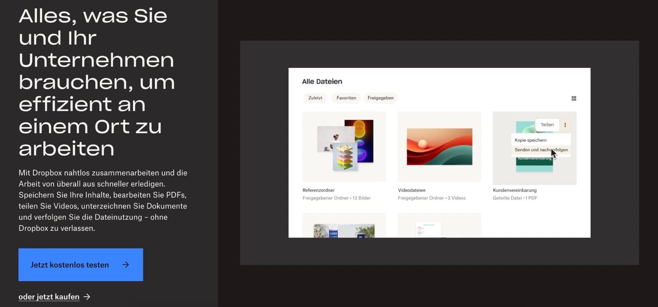 Ein blauer Call-to-Action-Button sticht bei Dropbox direkt ins Auge.
