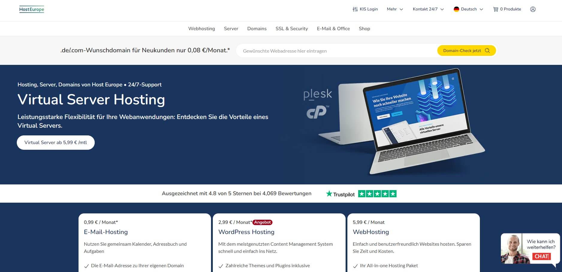 Screenshot von der Host Europe Website