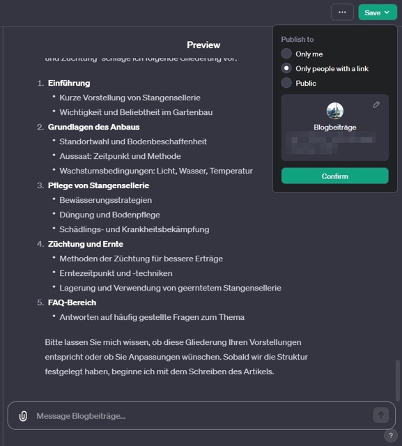 Screenshot, wie Sie Ihren CustomGPT  speichern können.