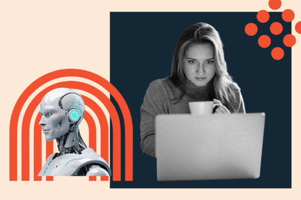Frau am Laptop liest KI-Newsletter