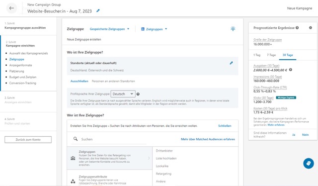 Unter dem Reiter Zielgruppe können Sie auswählen, für wen Ihre LinkedIn Ads ausgespielt werden sollen.
