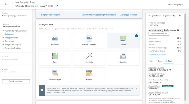 Ihre einzelnen LinkedIn Ads können nach unterschiedlichen Anzeigenformaten erstellt werden.