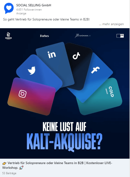 Dies ist ein Beispiel einer von vielen LinkedIn Ads, die im Event-Stil vorbereitet wurden.