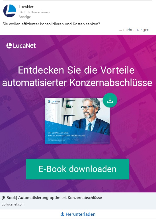 Um Leads zu generieren, werden in LinkedIn Ads kostenlose Produkte zum Download angeboten.