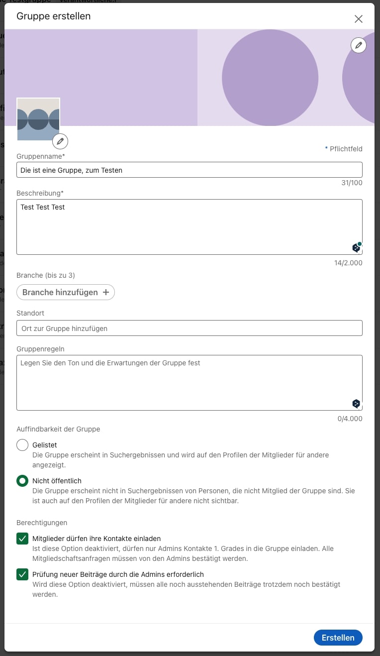 Screenshot Optionen beim Erstellen einer LinkedIn-Gruppe