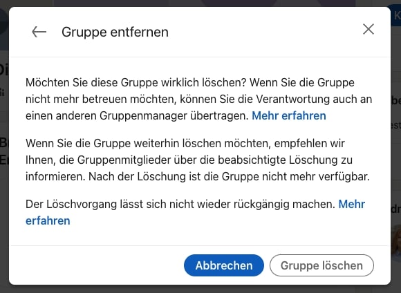 Screenshot LinkedIn-Gruppe löschen