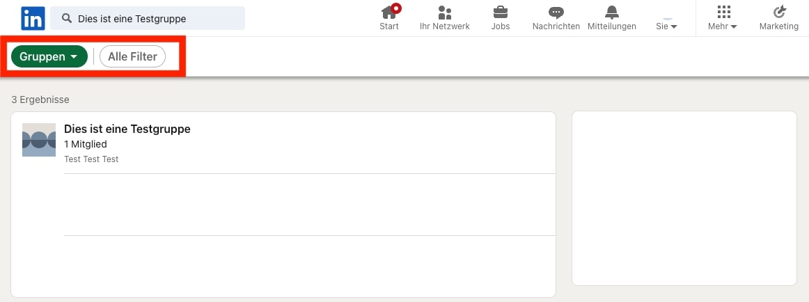 Screenshot LinkedIn-Gruppe suchen