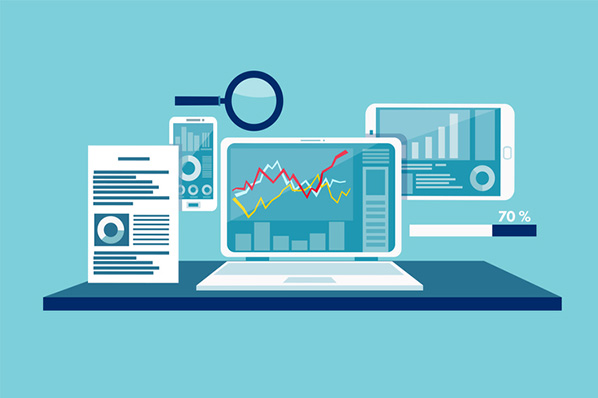 Grafik Geräte und Lupe symbolisieren SEO-Audit
