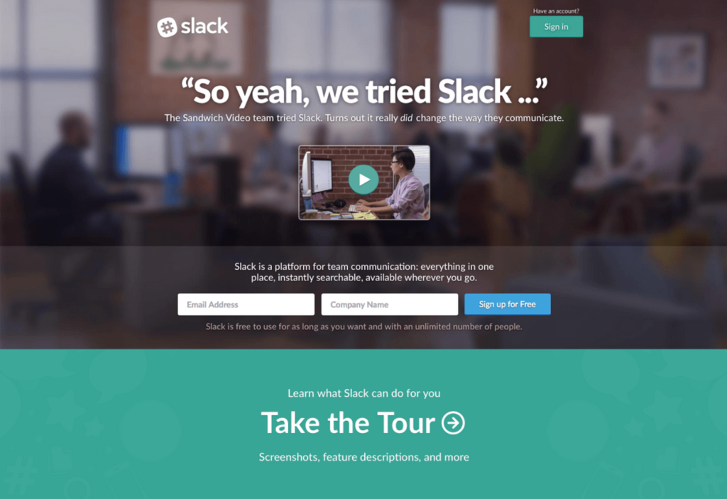 an example of a video landing bage on the slack website