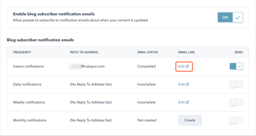 Screenshot of setting up blog subscription emails in CMS Hub.