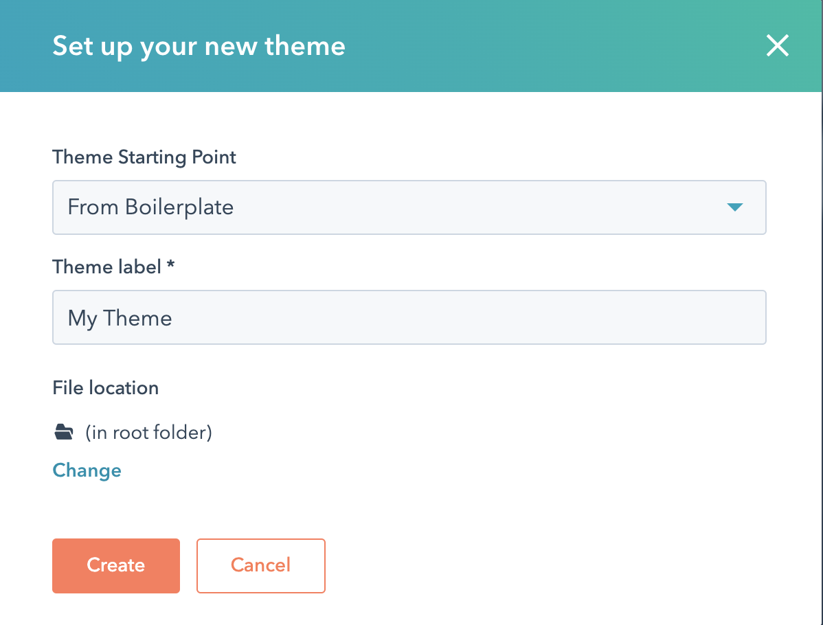 Screenshot of creating a new theme in HubSpot.