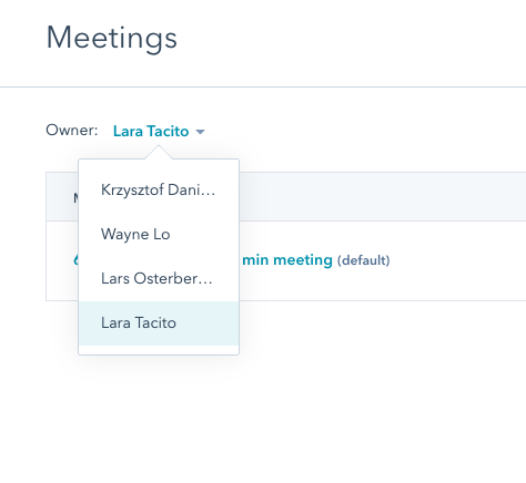 Screenshot of filtering by user in HubSpot to see all the user's meetings links.