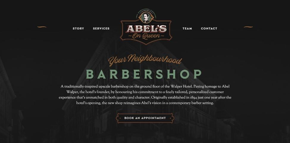 Best barbershop website design, example from Abels on Queen