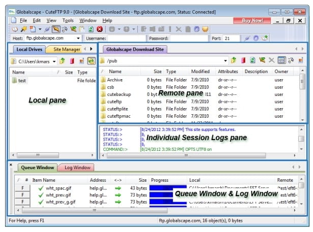 interface for the ftp client cute ftp