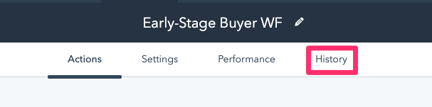 Screenshot of the early-stage buyer workflow with the "History" tab highlighted in HubSpot.