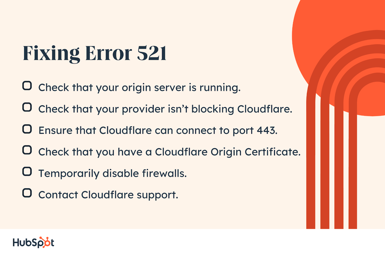 Fixing Error 521. Check that your provider isnt blocking Cloudflare. Ensure that Cloudflare can connect to port 443. Check that you have a Cloudflare Origin Certificate. Check that your origin server is running. Temporarily disable firewalls. Contact Cloudflare support.