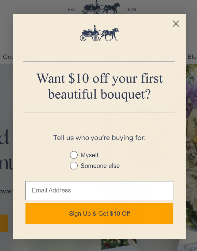 Best florist websites  FrenchFlorist pop-up window.