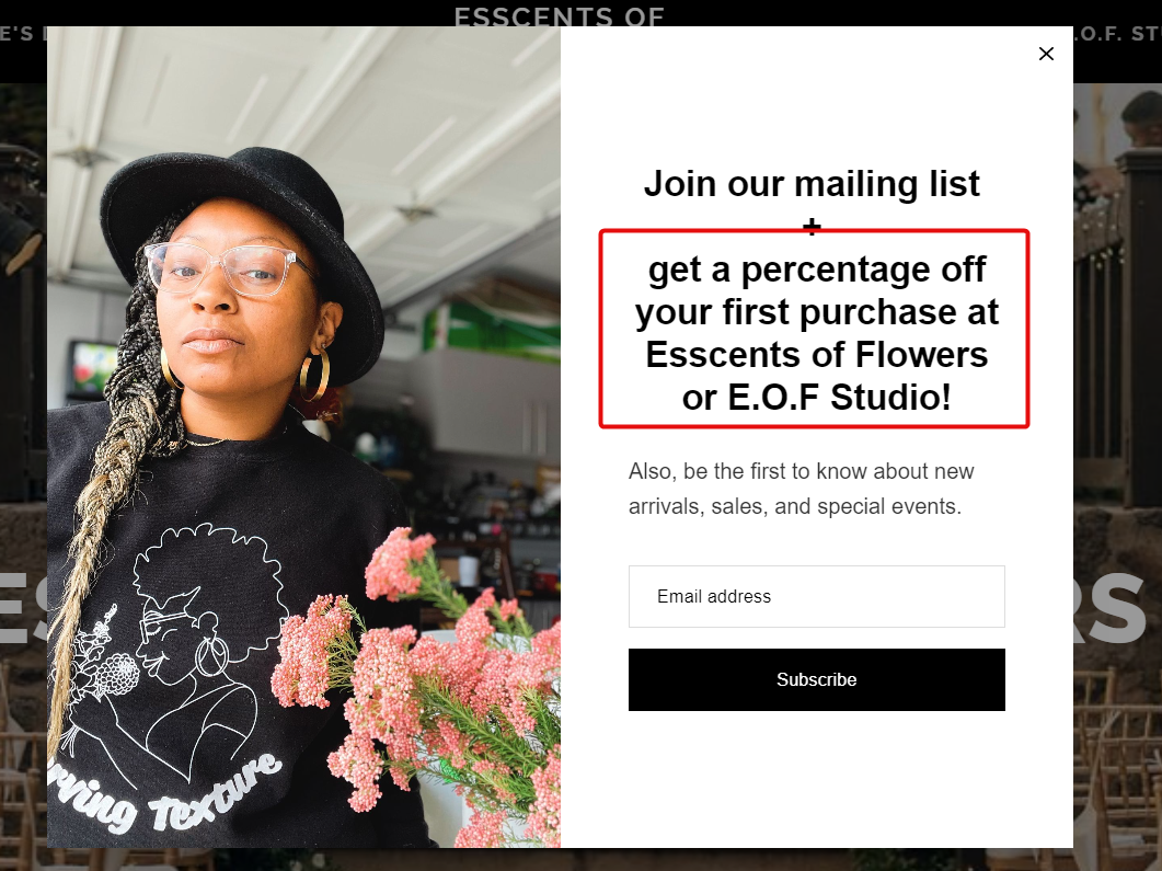 Best florist websites  Esscents of Flowers subscribe pop-up.