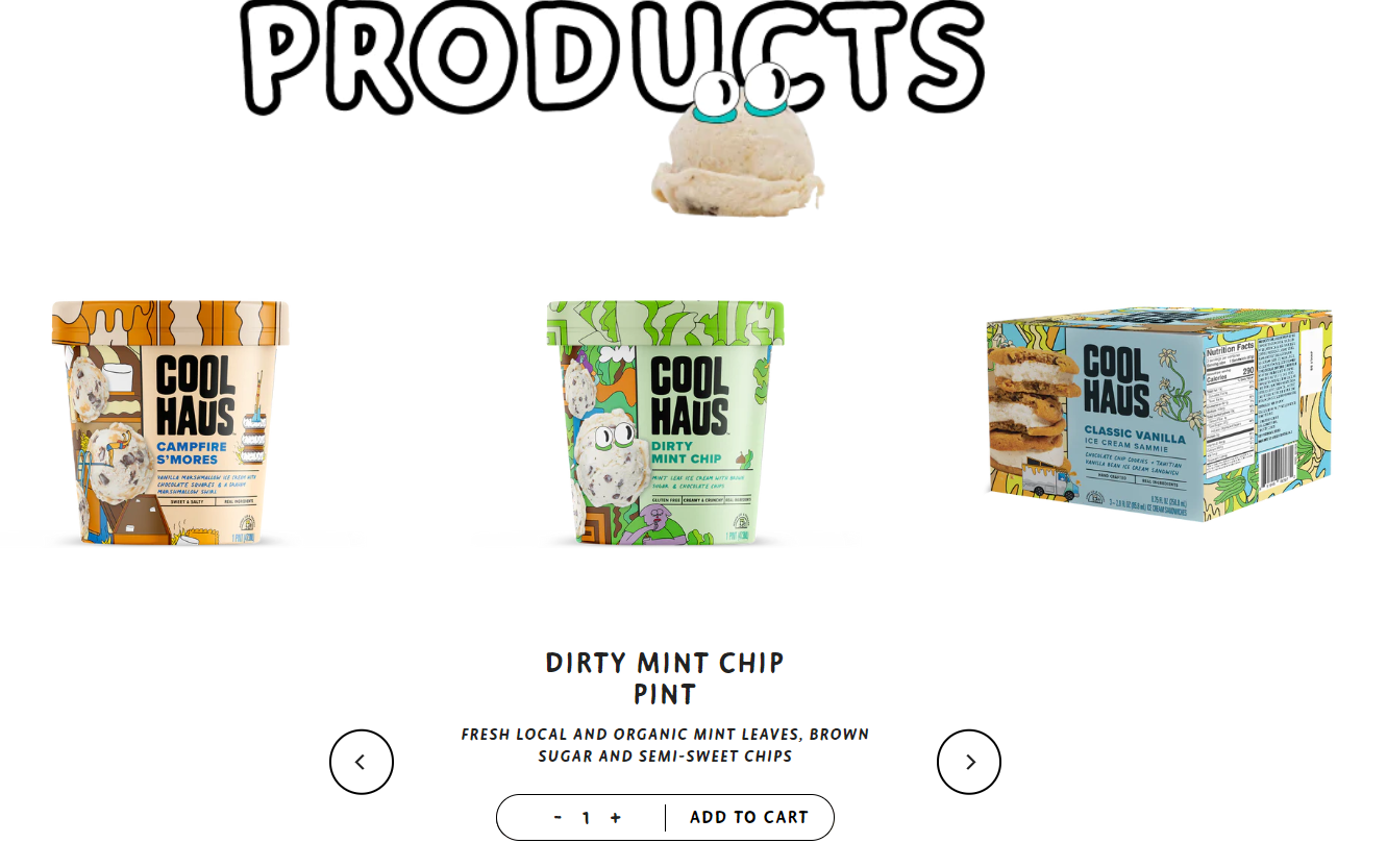 Coolhaus product page displaying campfire smores ice cream, dirty mint chip, and classic vanilla ice cream sandwiches.
