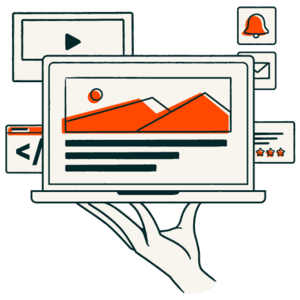 A hand holds up a laptop surrounded by symbols related to content management.