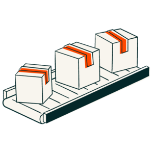 An assembly line with three boxes.