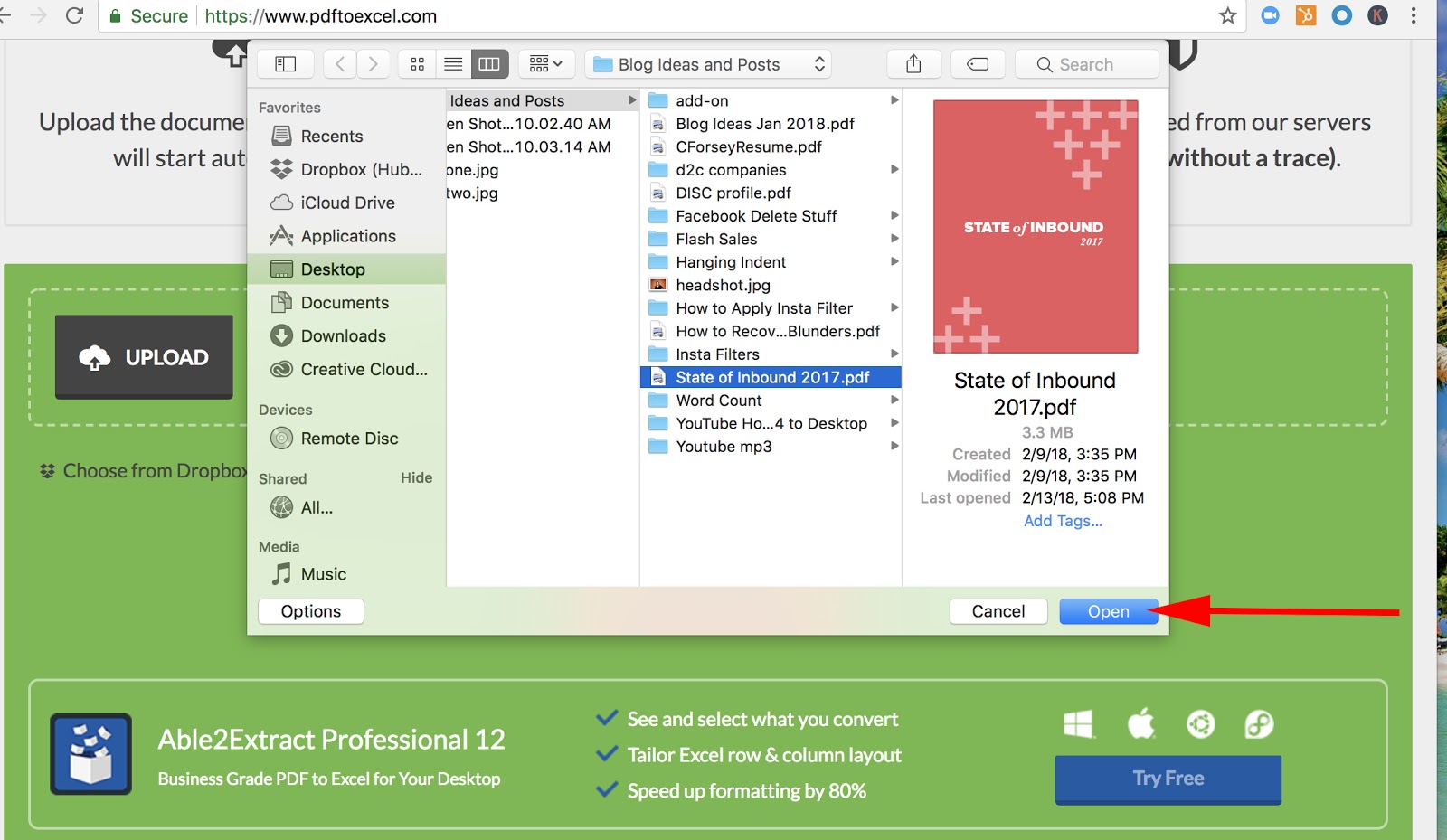 Window to select PDF file to upload into PDFtoExcel.com