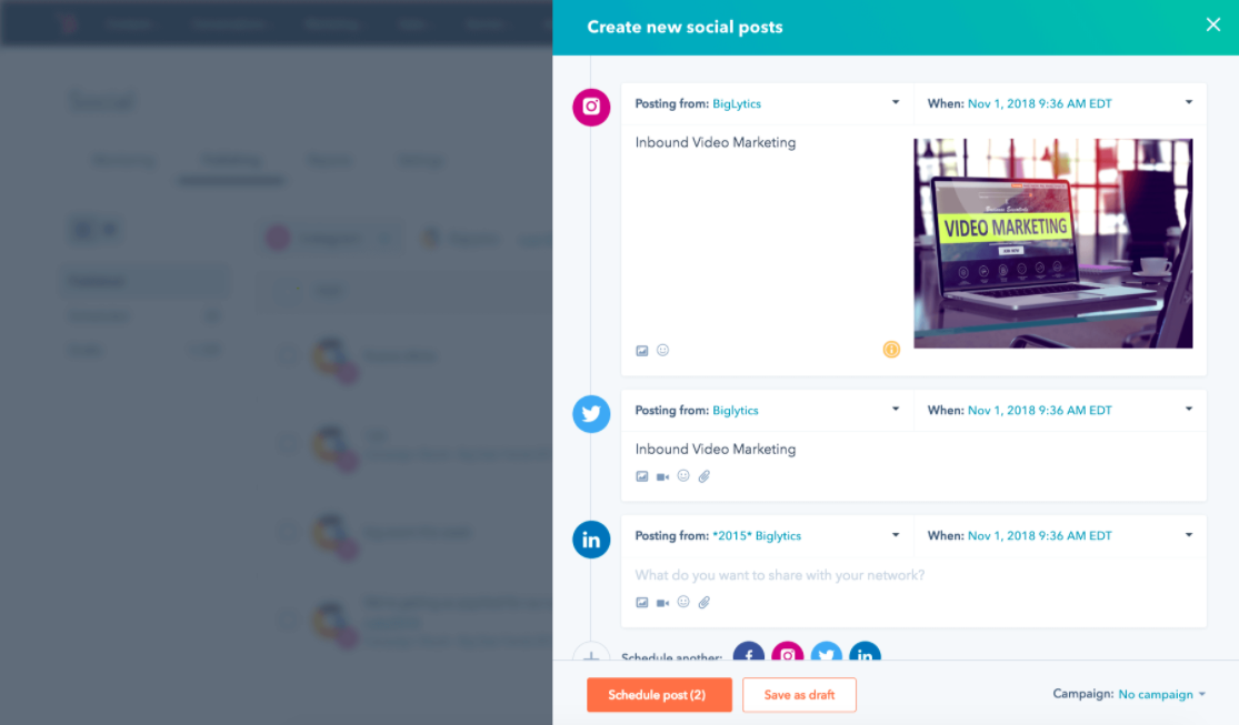 Example of HubSpot social media tools