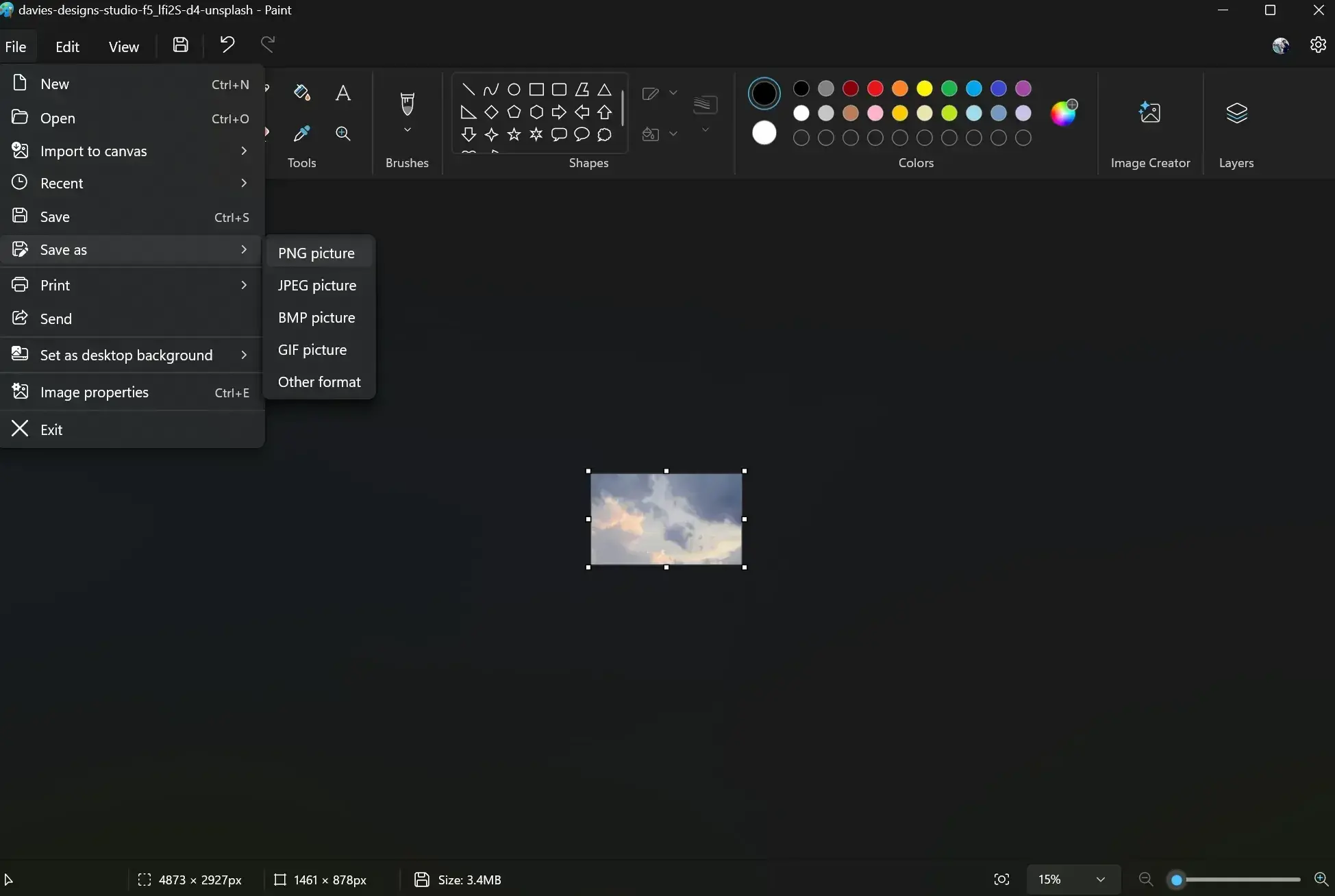 how to reduce image pixel size in ms paint: save the image