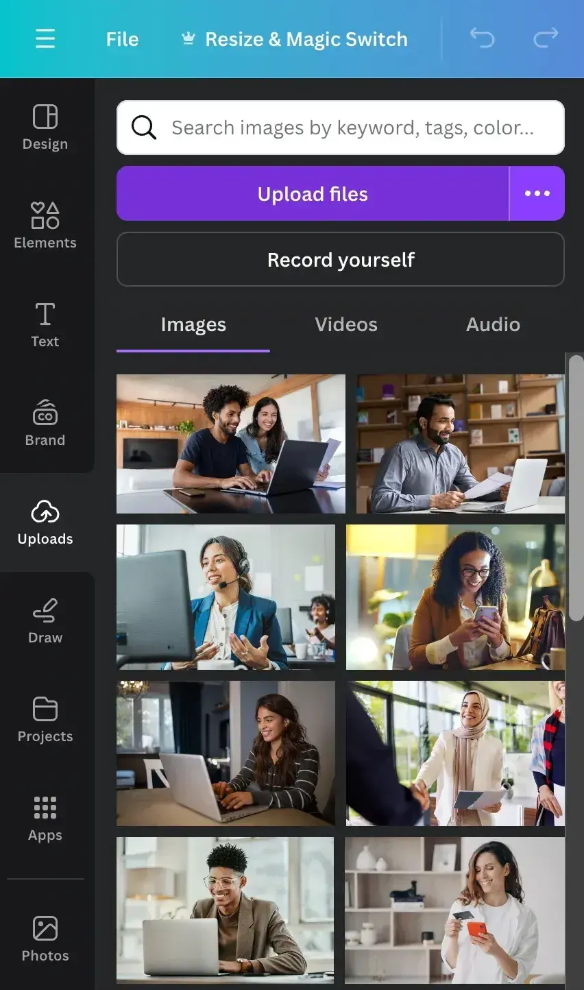 how to resize jpg & png files in canva: select image from your device
