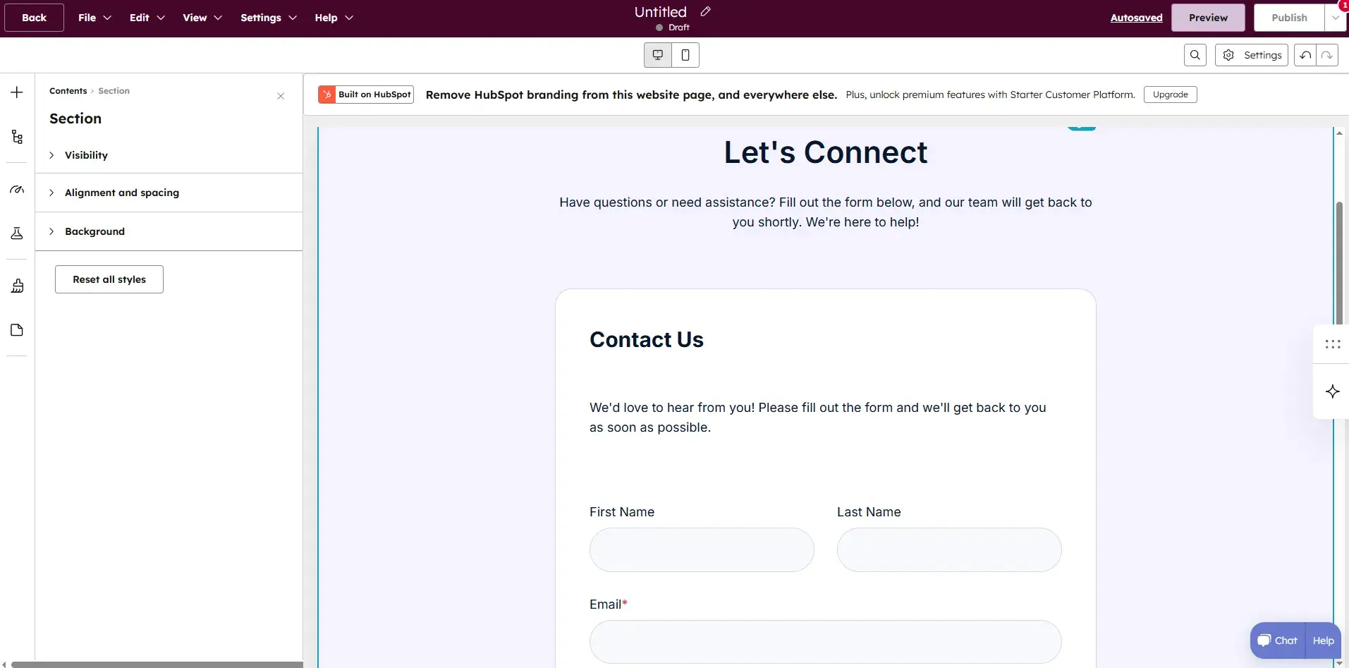HubSpot contact form integrated in HubSpot page.