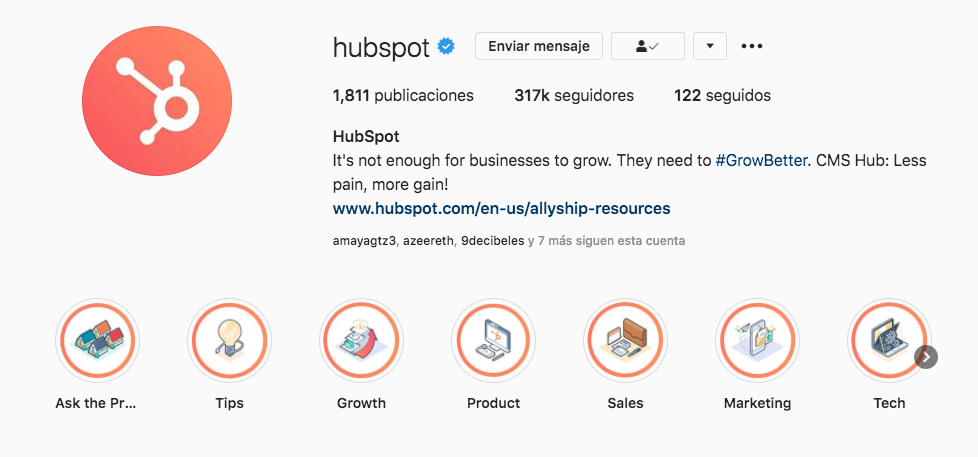 Ejemplo de destacados en el Instagram de HubSpot